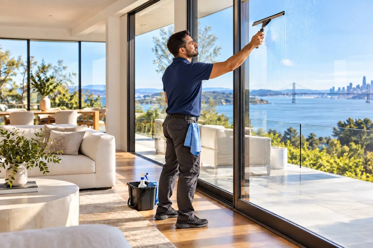 Clean Up Solutions technician cleaning floor to ceiling windows in a home